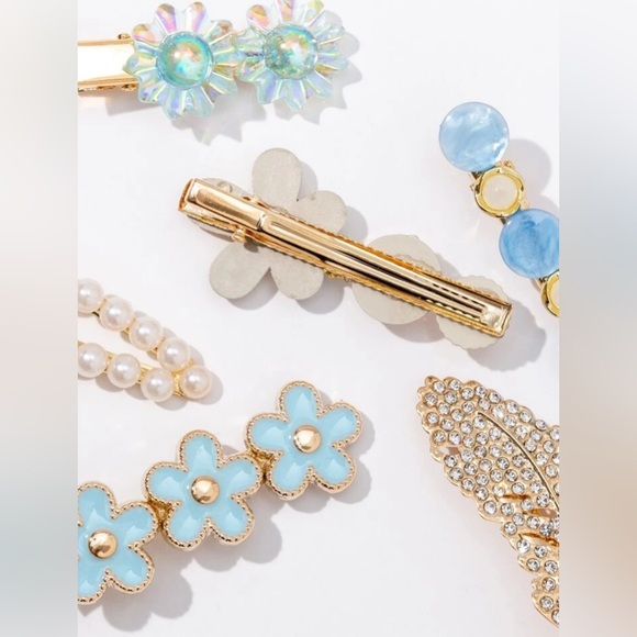 Blue & Gold Flower Decor Faux Pearl Alligator Hair Clips 6 Piece Set - Picture 3 of 3